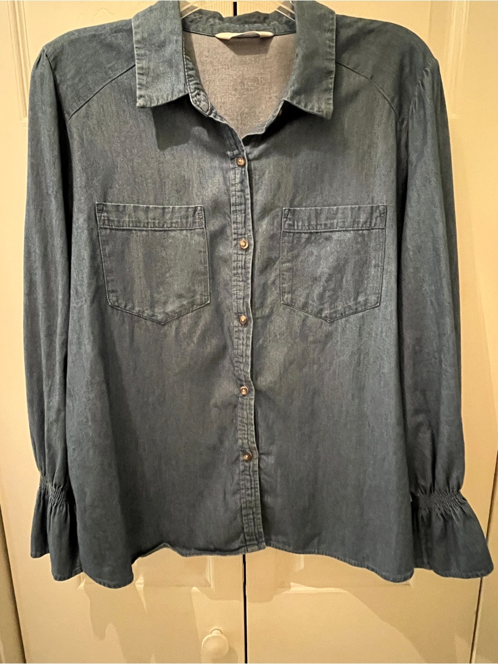 Lauren Conrad Women's Washed Denim Button-Front Shirt - Blue w/ Ruffle Cuffs